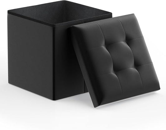 Magshion Folding Ottoman Cube, 15 x 15 x 15 Inches PU Leather Footrest Stool, Small Square Ottoman with Hidden 42L Storage for Entryway, Living Room, Dorm, Bedroom, Black