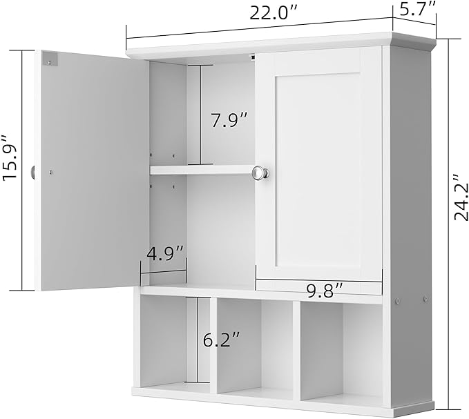 Shintenchi Bathroom Wall Cabinet with Door, Storage Organizer Over The Toilet Medicine, Space Saving with Adjustable & Open Shelf, Solid White