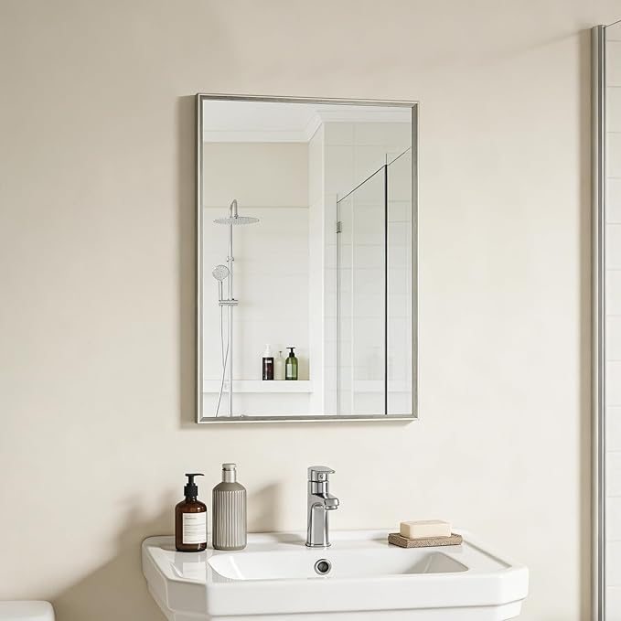 Bathroom Mirror for Wall, 16x24 Inch Metal Framed Mirror, Brushed Nickel Rectangle Mirror, Bathroom Vanity Mirror Farmhouse, Tempered Glass, Anti-Rust, Hangs Horizontally or Vertically