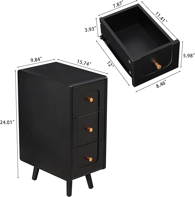 Small Nightstand Set of 2, Narrow Nightstand Slim Couch Side Table with Drawers, Wood End Tables with Storage for Living Room, Bedroom, Small Spaces (3Drawers-Black-2PCS)