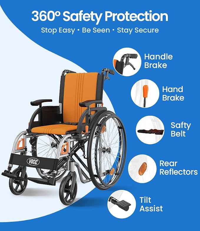 VOCIC Ultra Lightweight Wheelchair for Adults, 23lb Frame Portable Foldable Self-Propelled Wheelchairs for Seniors with Quick Release Wheels, Swing-Away Footrests,Flip-Back Arm, 300 lbs Orange