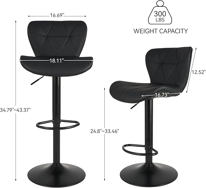 Nalupatio Modern Bar Stools Set of 2, Adjustable Faux Leather Upholstered Swivel Bar Stools, Counter Height Bar Chairs with Back for Kitchen Island, Black