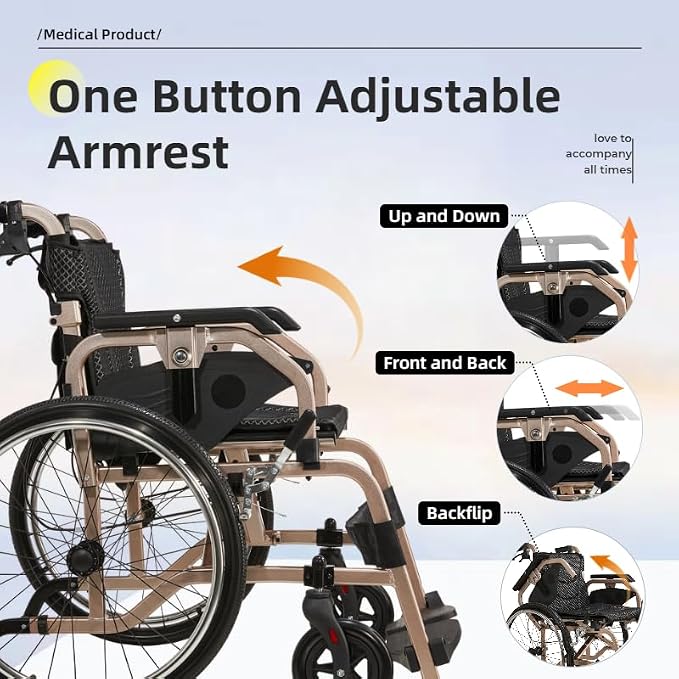 Lightweight Foldable Wheelchair for Adults - Aluminum Frame with Square Tube Design, 18" Seat & 22" PU Wheels, Front/Rear Locking Brakes, Champagne Gold