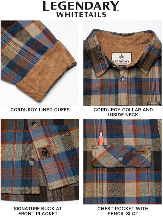 Legendary Whitetails Mens Long Sleeve Button Down 100% Cotton Flannel Shirt