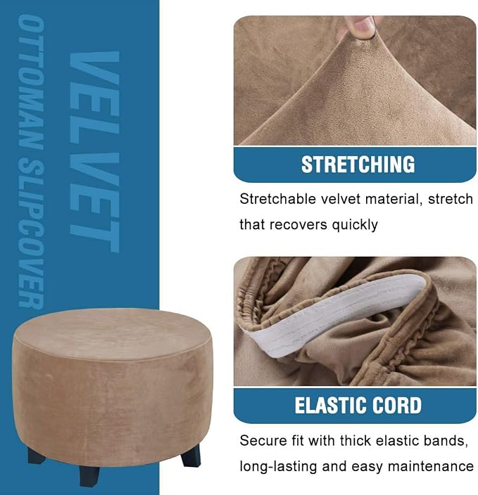 H.VERSAILTEX Round Ottoman Slipcover Ottoman Covers Slipcover Footstool Protector Covers Storage Stool Ottoman Covers Stretch with Elastic Bottom, Feature Real Velvet Plush Fabric (Medium, Camel)