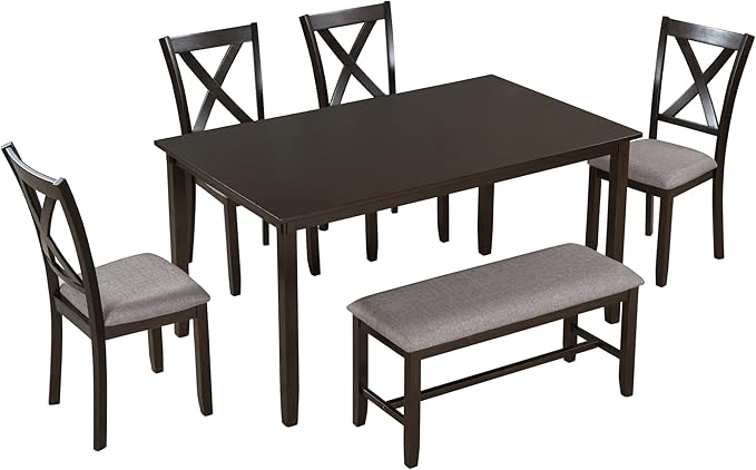 Harper & Bright Designs 6 Piece Kitchen Dining Table Set Wooden Rectangular Dining Table Set for 6, 4 Fabric Chairs and Bench Family Furniture (Espresso)