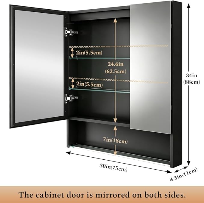 30"×34" Lighted Medicine Mirror Cabinet with Storage Adjustable Brightness 3 Color Temperature Lighting Anti-Fog Sturdy Aluminum Medicine Cabinet with Lights 2 Socket & 2 USB Ports & Adjustable Shelf