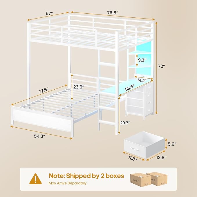 ADORNEVE Bunk Bed with Desk, Full Over Full Bunk Beds with Charging Station & Led Lights, 4 Storage Drawers & 2 Open Storage Shelves, Metal Loft Bed with Safety Guardrail & Ladder for Kids/Teen, White