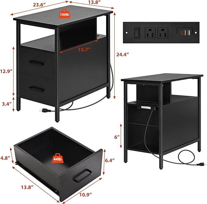 Livofloral Black Side Tables, End Table with Charging Station, Narrow End Table with 2 Wooden Drawers, USB Ports and Power Outlets, Slim Nightstand and Bedside Table, End Tables Living Room, Bedroom