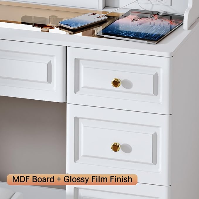 Arulvmrn 43" Makeup Vanity Desk with Mirror and Lights, & Power Outl, Glass Top Big Vanity Table with 9 Drawers& 8 Storage Shelves, Dressing Table Set with Chair for Bedroom, White