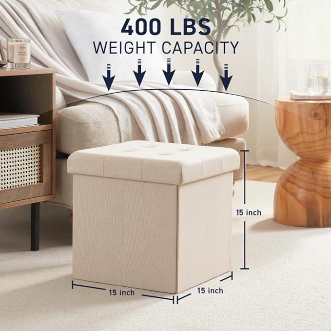 Ornavo Home 2 Pack 15 Inch Folding Storage Ottoman, Square Cube Linen Small Storage Ottoman Foot Rest Stool - Beige
