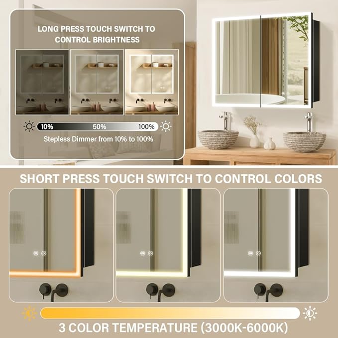 LED Medicine Cabinet with Light,36×32inch,Recess Mirror Cabinet for Bathroom,3 Color,Dimmable,Demister,Detachable Side Plate,Recess Mount or Surface Mount