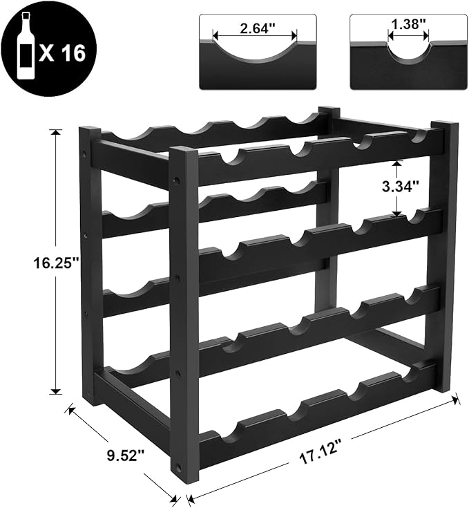 Bamboo Wine Rack, 4-Tier 16 Bottles Wine Storage Cabinet Shelf, Easy-Assembly Freestanding Bamboo Wine Racks Countertop for Kitchen Pantry Dining Room Bar, Black