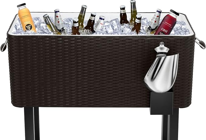 80 Quart Rolling Ice Chest Cooler Cart,Patio Backyard Party Drink Beverage Bar Stand Up Cooler Trolley with Ice Scoop