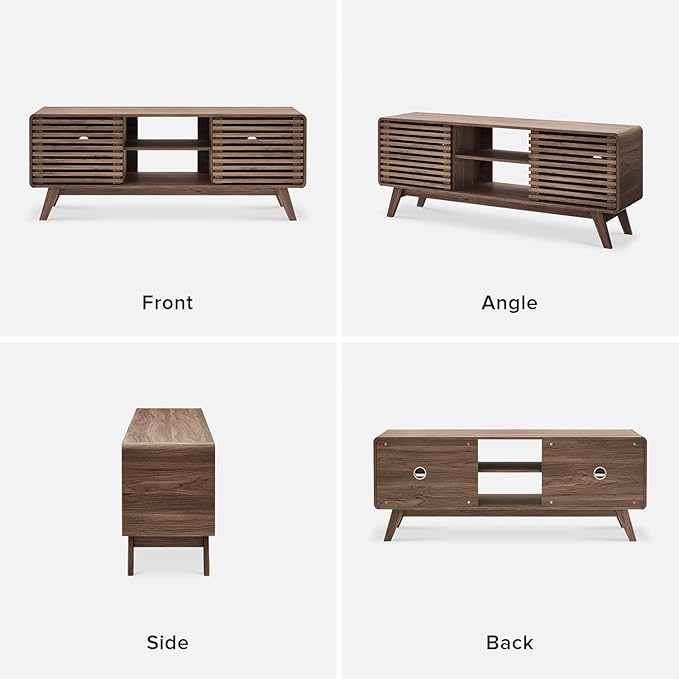 mopio Ensley 59" Tall TV Stand with Slatted Door, Mid Century Modern Entertainment Center for 55-65 inch TV, Farmhouse Media Console with Storage, Adjustable Shelves, Round Edges, Living Room (Walnut)