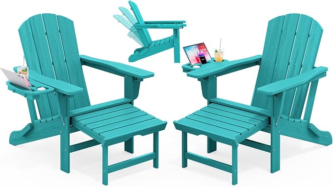 KINGYES Adjustable Folding Adirondack Chair with Footrest & 4-in-1 Multi-Functional Holder Set of 2, HDPE Reclining Adirondack Chair with Pull-Out Ottoman, Aruba