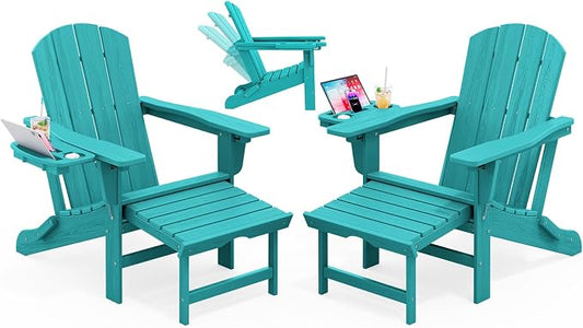 KINGYES Adjustable Folding Adirondack Chair with Footrest & 4-in-1 Multi-Functional Holder Set of 2, HDPE Reclining Adirondack Chair with Pull-Out Ottoman, Aruba