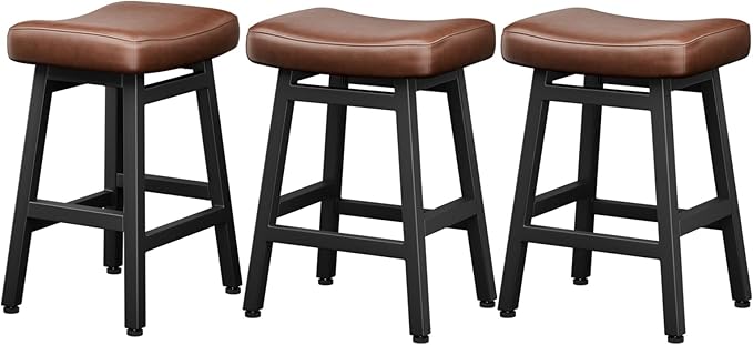 Raynesys Counter Height Bar Stools Set of 3, 24 Inch Barstools for Kitchen Counter, Kitchen Stools with Bonded Leather Saddle Seats & Heavy Duty Metal Legs, Easy Assembly, Brown/Black