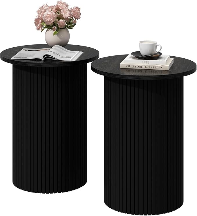 Wnutrees Round Fluted End Table, Small Accent Pedestal Side Table, Wood Fluted Nightstand Bedside Table for Living Room, Handcrafted Finish, Black, 2Pack