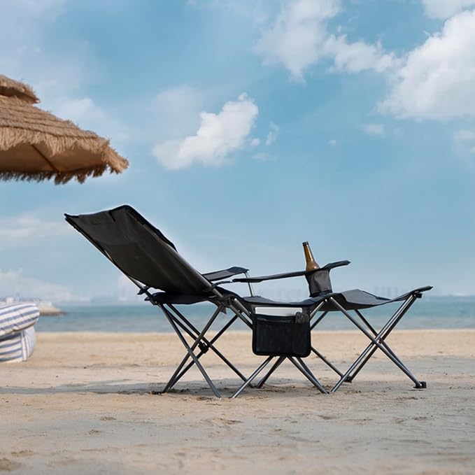 apollo walker Reclining Beach Chair, Adjustable 90-135° Backrest Camping Lounge Chairs for Adults, Folding Chair with Foot Rest & Detachable Pillow - Standard 6-Leg, Orange