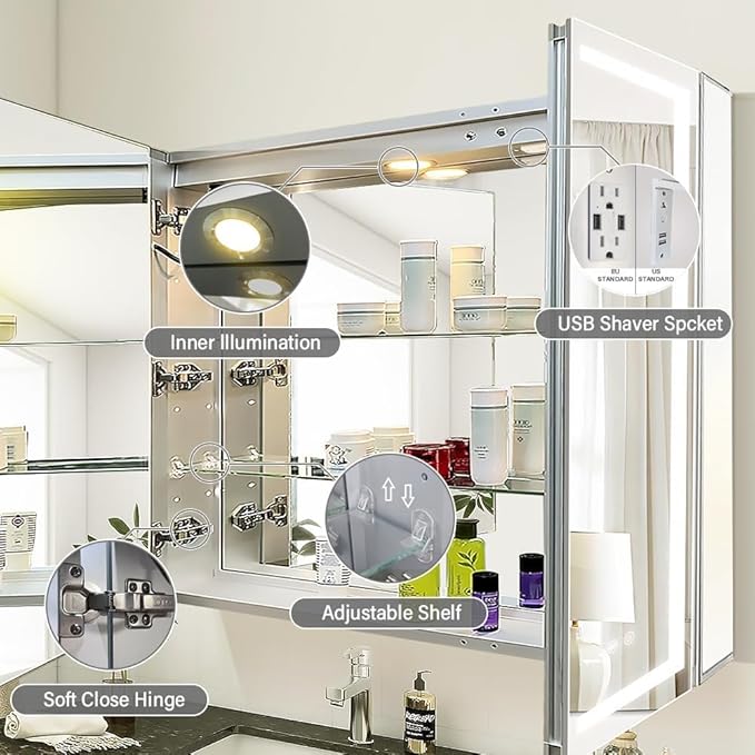 36×32inch Medicine Cabinet with Light,3 Colors&Dimmer,Defogger,USB Shaver Socket,Internal Lighting,Recess Mount&Surface Mount