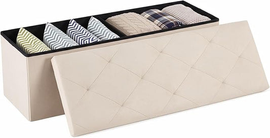 Sweetcrispy 43 Inch Folding Storage Ottoman Bench, Large Hidden Storage Chest with Padded Seat, Foot Rest Stool Supports Up to 660Lbs, End of Bed Bench for Bedroom, Living Room, Linen Fabric, Beige