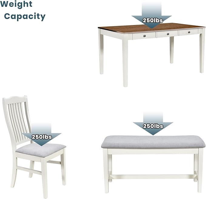 Merax Mid-Century 6-Piece Wood Dining Table Set with Drawer, 4 Upholstered Chairs and Bench, Butter Milk