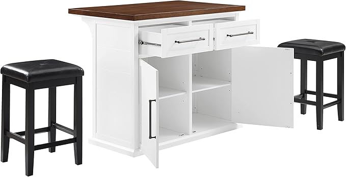 Crosley Furniture Bartlett Kitchen Island with Wood Top and Upholstered Square Stools, White/Black