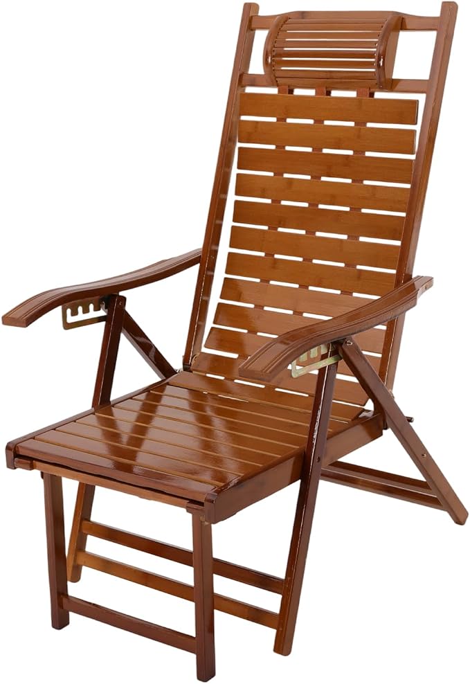 Bamboo Folding Lounge Chair with Footrest & 5-Position Adjustable Backrest, 440lbs Capacity Indoor Outdoor Recliner for Patio, Garden, Balcony, Camping