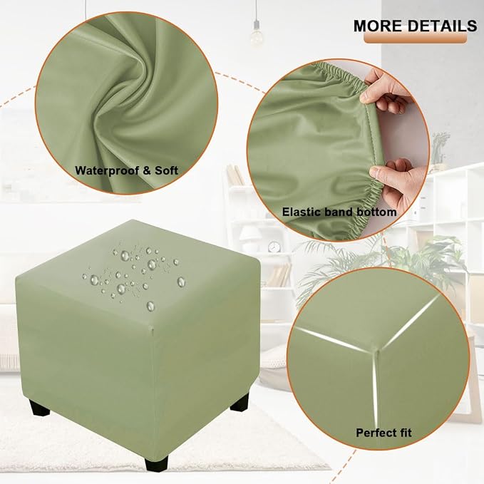 Waterproof Ottoman Cover Square Stretch PU Soft Folding Storage Ottoman Cover with Elastic Bottom Cube Footrest Foot Stool Slipcovers Machine Washable(Medium/Light Green)