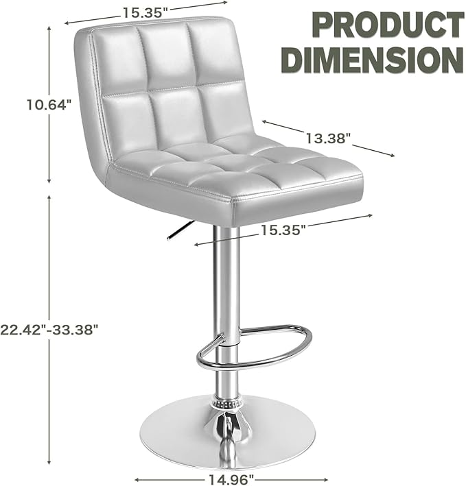 Furmax Bar Stools Modern Pu Leather Swivel Adjustable Hydraulic Bar Stool Square Counter Height Stool Set of 2 (Sliver)