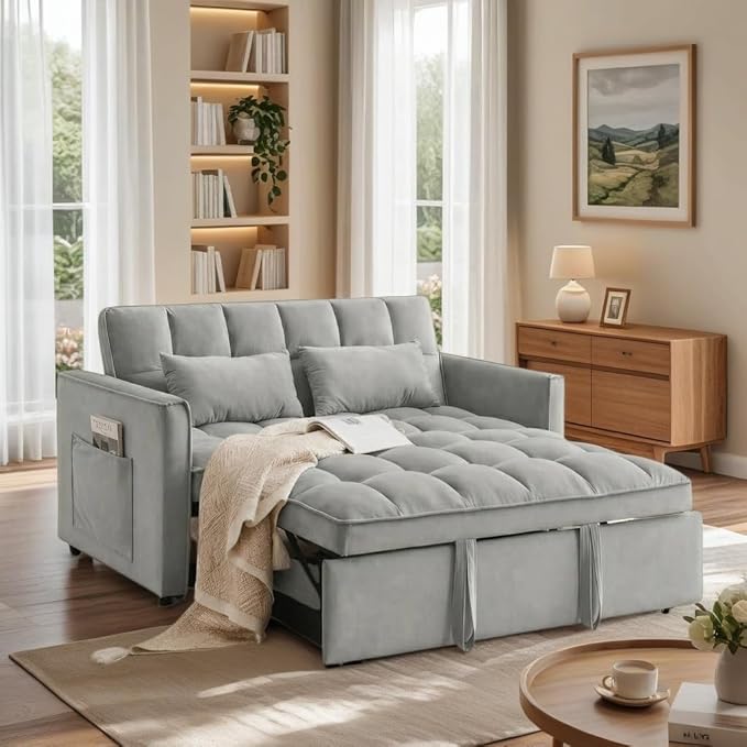 3 in 1 Convertible Sleeper Sofa Bed, Velvet Fabric Loveseat Sofa Bed with Adjustable Backrest & Large Side Pockets, Pull Out Couch for Small Spaces, Apartment, Living Room, Gray