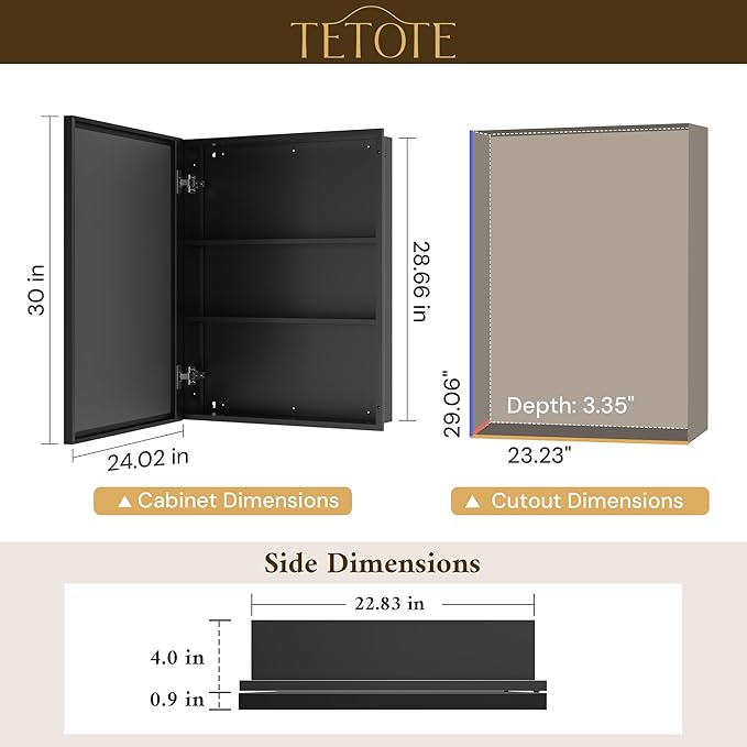 TETOTE 24" x 30" Medicine Cabinet Mirror Fully Assembled Black Bathroom Mirror with Storage Adjustable Shelves Tempered Beveled Mirror, Surface Wall-Mounted or Recessed