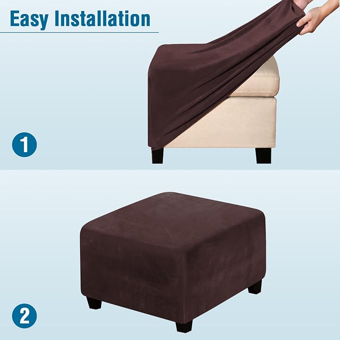 H.VERSAILTEX Square Ottoman Covers Ottoman Slipcover Square Footstool Protector Covers Storage Stool Ottoman Covers Stretch with Elastic Bottom, Feature Real Velvet Plush Fabric, Brown