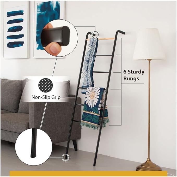 Wall Leaning Ladder Rack for Household Fabrics, Clothing, Interior Decoration, Black