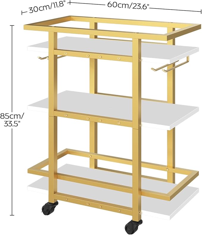 YATINEY 3 Tier Bar Cart, Home Bar Serving Cart with Wheels, Drink Cart with Glass Holder, Beverage Cart, Mobile Kitchen Cart, for Home, Garden, Party, Gold BC19DW