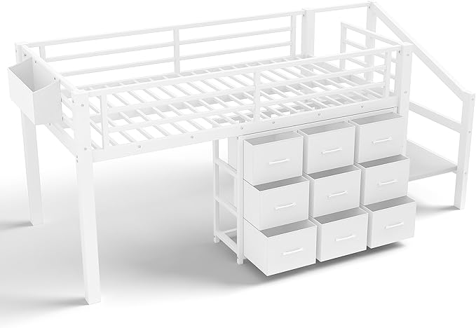 Bellemave Twin Size Loft Bed with 9 Non-Woven Fabric Storage Drawers, Low Loft Bed with Stairs and Lights, Twin Loft Beds with High Rails, Noise Reduced White