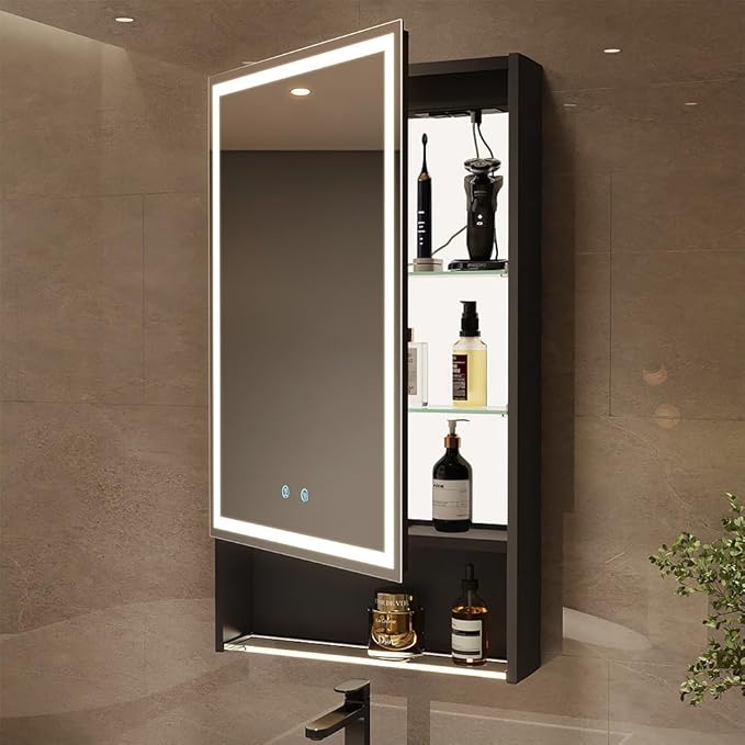 20"×34" Lighted Medicine Cabinet with Mirror Adjustable Brightness 3 Color Temperature Lighting Anti-Fog Sturdy Aluminum led Medicine Cabinet Mirror 2 Socket & 2 USB Ports & Adjustable Shelf