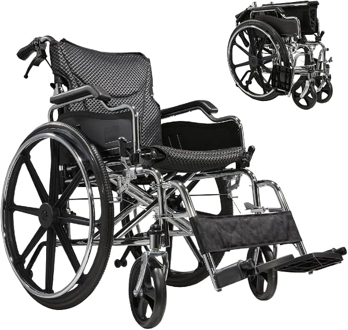 Lightweight Foldable Manual Wheelchair for Adults with 18" Seat & 300 lbs Capacity - Front/Rear Locking Brakes, 24" Quick-Release PU Wheels, Removable Footrest (Silver)