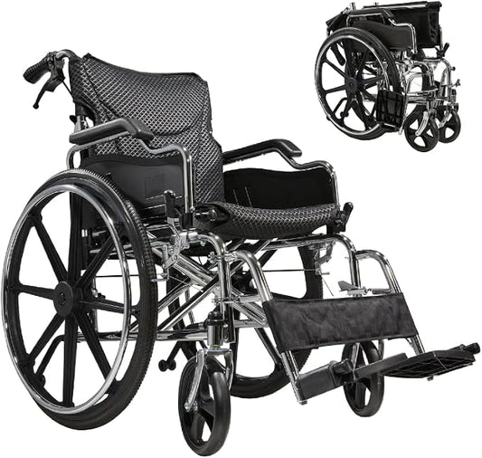Lightweight Foldable Manual Wheelchair for Adults with 18" Seat & 300 lbs Capacity - Front/Rear Locking Brakes, 24" Quick-Release PU Wheels, Removable Footrest (Silver)
