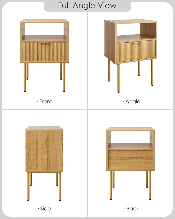 Aienvey Night Stand, Modern Nightstand with Drawers, Bedside Table, Gold Small Side Table for Bedroom, Living Room End Table (Oak Stripe, 1 Drawer)