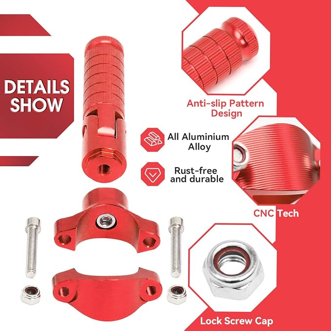 Foot Pegs Non-sliding Footrest Motorcycle Bicycle Folding Foot Pegs 90 Degree Foldable Electric Motorbike Passenger Footrests Rearsets Rear Set Footpegs Foot Rest Pedals (Red)