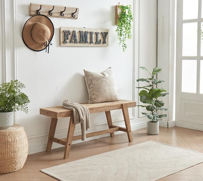 HOKYHOKY Farmhouse Solid Wood Entryway Bench – 43.4 Inches Rustic Long Bench, Dining Bench with Angled Legs, Hand-Finished Natural Grain, for Foyer, Hallway, Bedroom