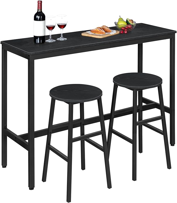 MAHANCRIS Bar Stools, Set of 2 Round Bar Chairs with Footrest, 24.4 Inch Kitchen Breakfast Bar Stools, Industrial Bar Stools, Easy Assembly, for Dining Room, Kitchen, Black BAHB0201