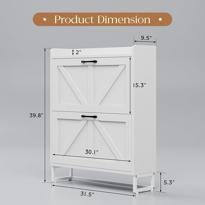 MU Shoe Storage Cabinet for Entryway, Hidden Shoe Cabinet with 2 Flip Drawers, Narrow Shoe Organizer Shoe Rack Cabinet with Metal Legs, White