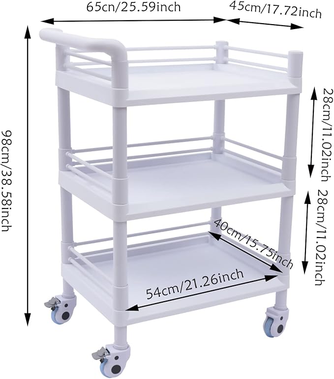 3 Tier Rolling Medical Storage Shelves Rack with Wheels - Beauty Salon SPA Medical Rolling Cart with 360 Silent Swivel Wheels