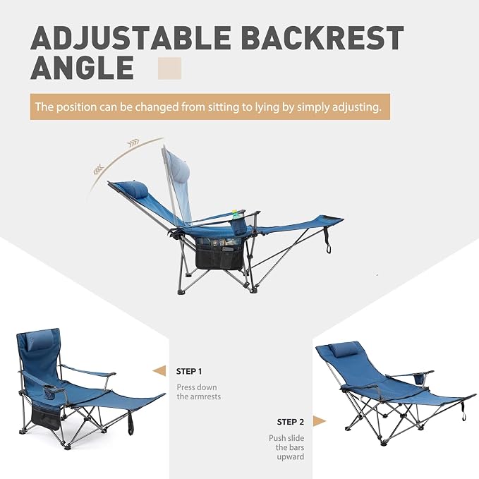 Camping Chairs Zero Gravity Recliner Chair with 4-in-1 Adjustable - Portable Folding Recliner with Cup Holder & Side Pocket, Detachable Footrest for Patio, Beach, Lawn, No Assembly - Blue