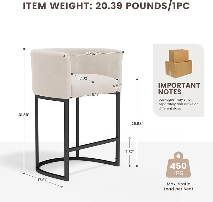 GRUSIGN Chenille Counter Height Bar Stools Set of 4, 26" Kitchen Island Stools with Arms & Footrest, Upholstered Barrel Back Bar Chairs for Kitchen， Dining Room, Bar & Lounge Area, 450 lbs, Off-White