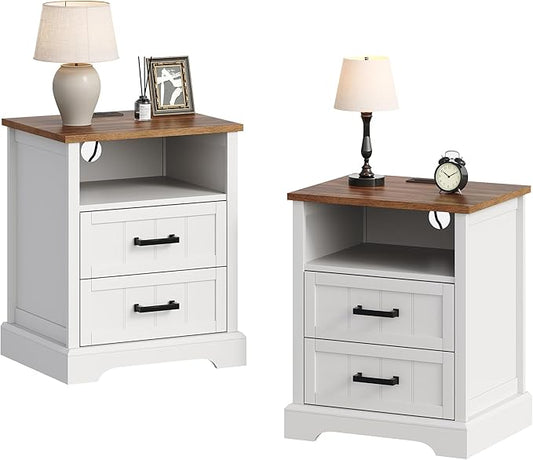 ChooChoo Farmhouse Night Stands with Charging Station, Wood Nightstand Set of 2 with 2 Drawers, Bedside Table with Open Storage Shelf for Bedroom, White