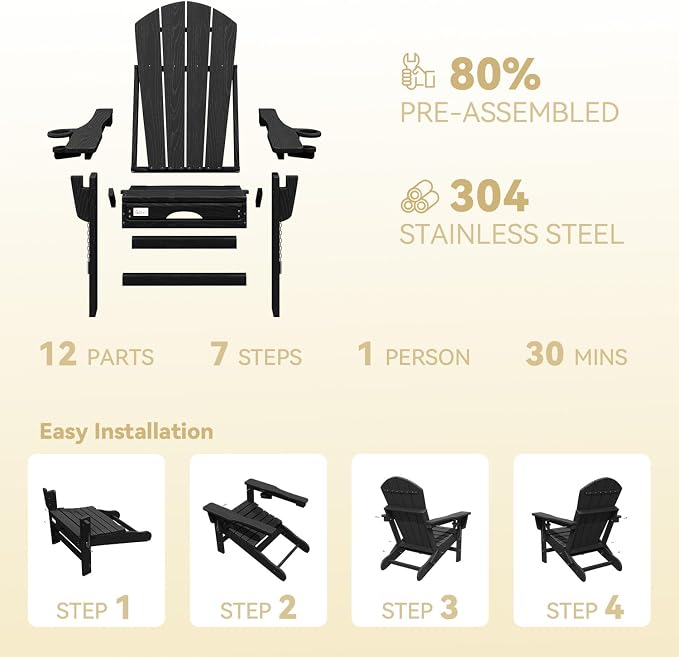 Mdeam 3-Level Adjustable Adirondack Chair with Retractable Ottoman, HDPE All-Weather Folding Fire Pit Chair with 2 Cup Holders, Outdoor Chair for Deck Patio Garden Backyard Lawn (Black)